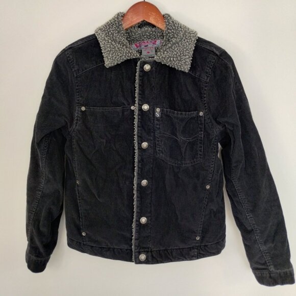 Vintage Silver Jeans Jacket Womens M Black Corduroy Sherpa Fleece Snap Button - Picture 1 of 13